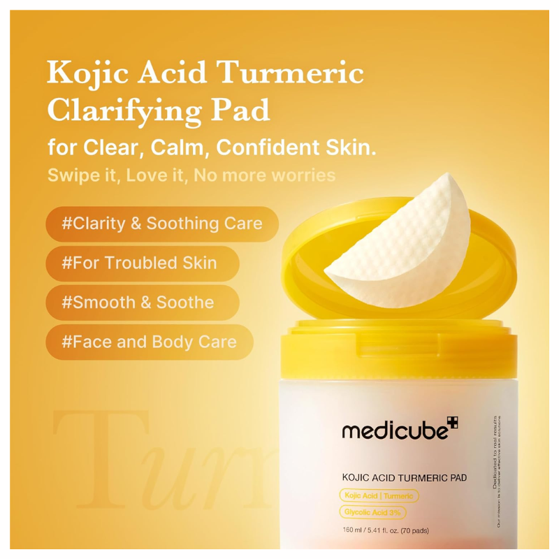 Medicube Kojic Acid Turmeric Clarifying Toner Pads – 70 Pads for Brightening, Soothing & Post-Spot Care