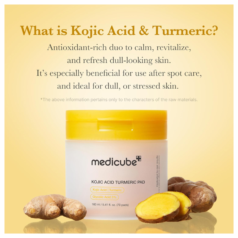 Medicube Kojic Acid Turmeric Clarifying Toner Pads – 70 Pads for Brightening, Soothing & Post-Spot Care